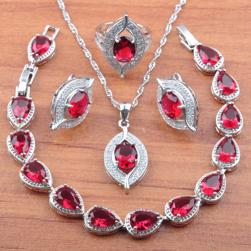 Блестящий дизайн глаз розовый красный кристалл набор украшений из серебра 925-й пробы для женщин серьги циркониевое ожерелье кулон кольца браслет набор JS0235