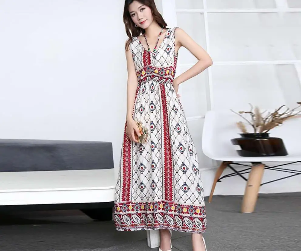 

Baharcelin NEW Vestidos plus Big size sleeveless Vintage Printed Dress Summer Woman Girl Casual Beach linen slim dress clothing