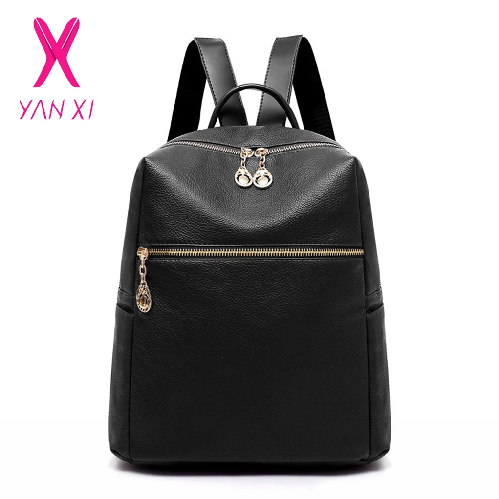 

YANXI New Korean Fashion Simple Soft Leather Women's Backpack College Wind Student Backpack Large Capacity Travel Bag Pure Black