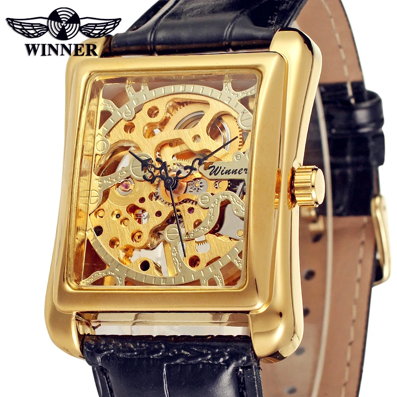 

WINNER Men Luxury Brand Rectangle Vintage Skeleton Leather Watch Automatic Mechanical Wristwatches Gift Box Relogio Releges