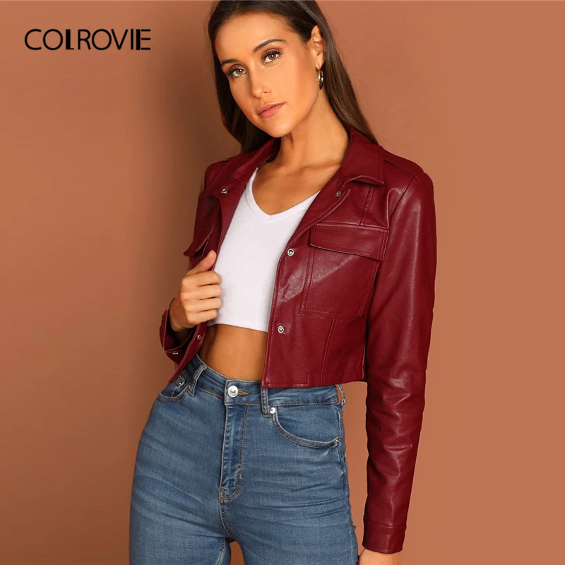Manteau Femmes Veste De Cuir Survêtement En Poche Colrovie Simple 2019 Streetwear Mode Cultures Boutonnage Vêtements Manteaux Bourgogne Biker aWwWz0q8O