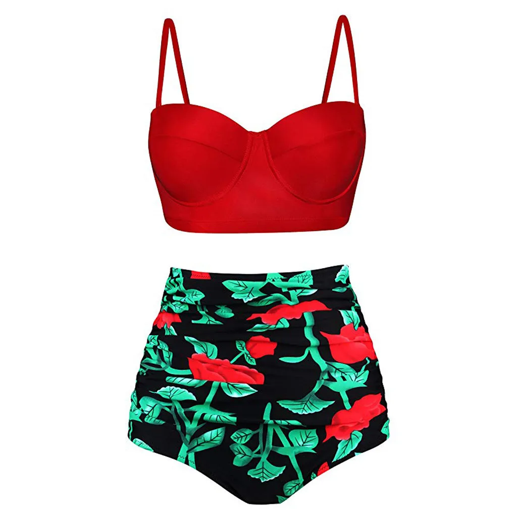 Red TELOTUNY Women Swimwear Polyester Sexy High Waist Print Push-Up Padded Bra Summer Bikini Sets Bodysuits Split Swimsuits 19L0612 - Цвет: Red