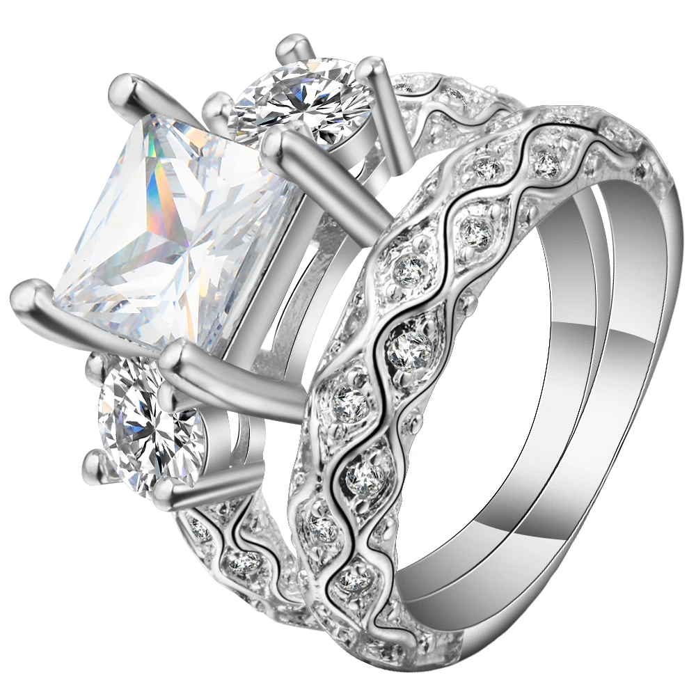 Fashion Couple Engagement ring clear 5A zircon Cz 925 Sterling Silver color Birthstone wedding Band ring Set for women men