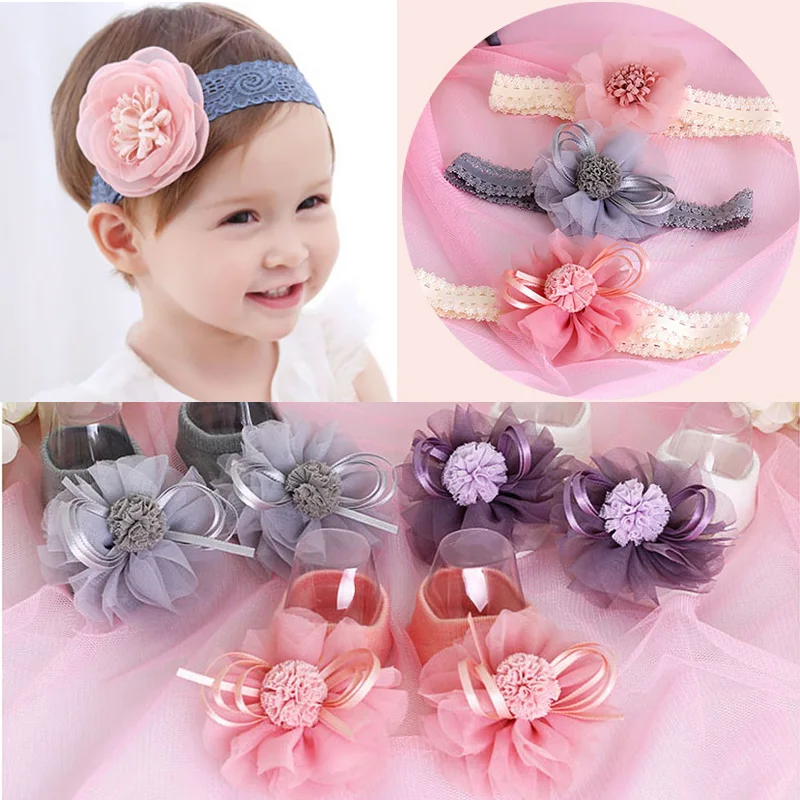 

Cute Flower Newborn Baby Socks With Headband Princess Lace Baby Girl Socks Anti Slip Infant Floor Socks Sokken With Hairband