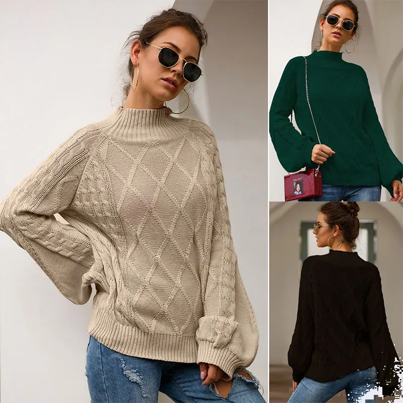

Knitted Half Neck Lanterns Sleeves Loose Ladies Sweater Casual High Street Fashion Women's sweaters 2019 New Autumn Women Tops