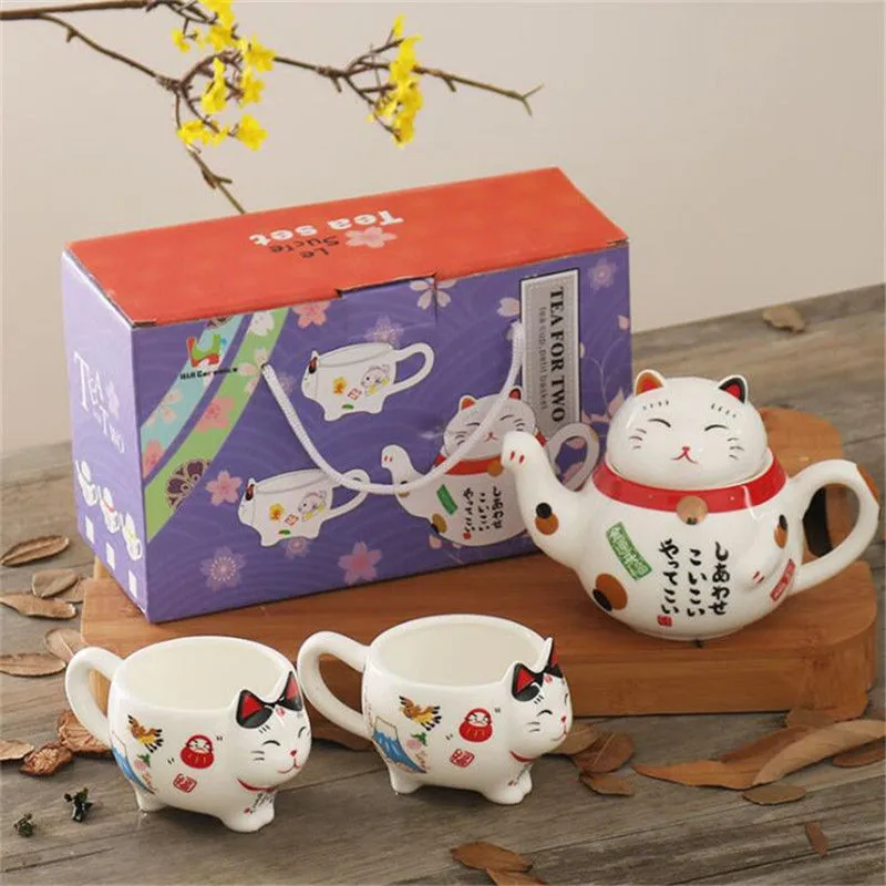 Japanese Lucky Cat Maneki Neko Ceramic Tea Set 1 Teapot X2 Tea Cups X1 Strain 