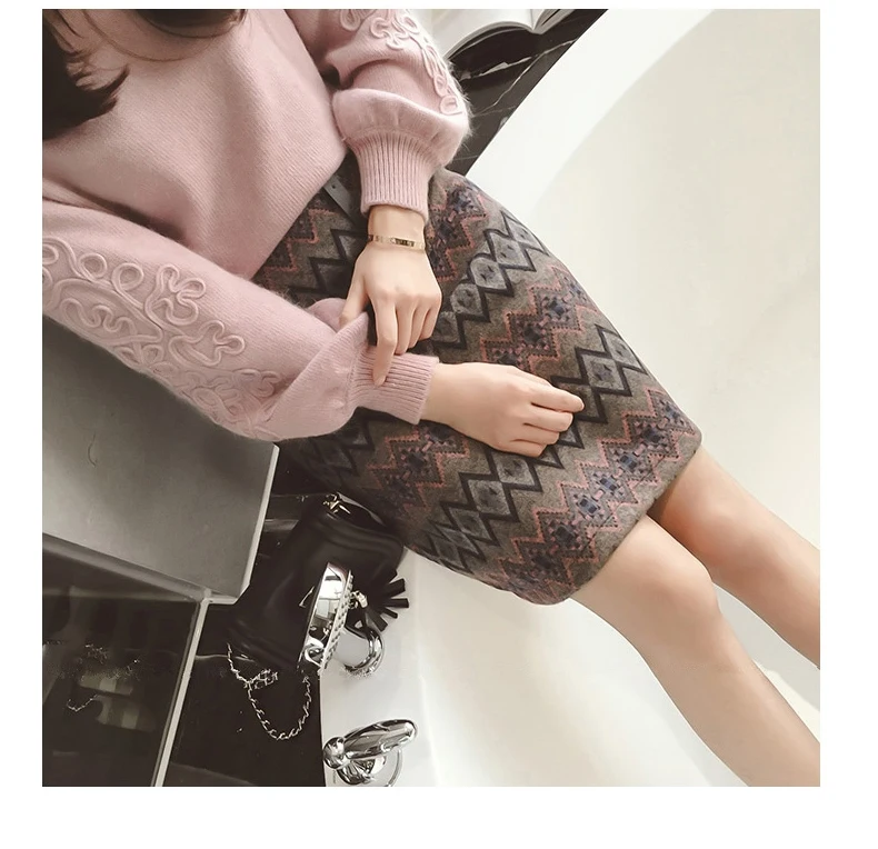 Baratos SMTHMA mujeres invierno coreano bordado tejer suéter + dos piezas Tweed lana 2 piezas falda de impresión geométrica conjunto
