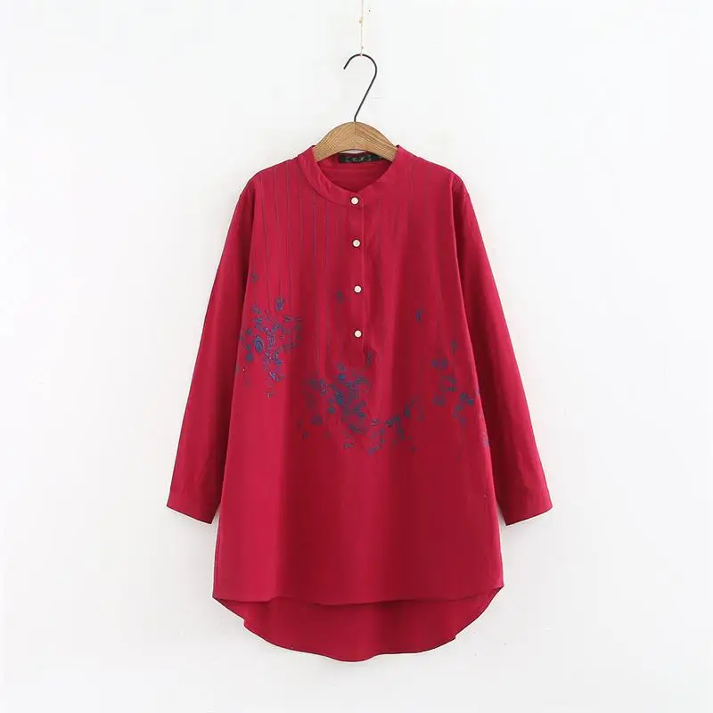 Plus size mandarin collar long sleeve blouses women 2018 Embroidered red & white & dark blue shirt Spring & autumn ladies tops Plus size mandarin collar long sleeve blouses women 2018 Embroidered red & white & dark blue shirt Spring & autumn ladies tops