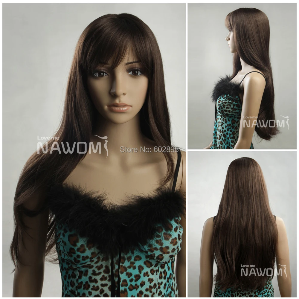 extra long brown women long wigs with a bang synthtic hair wig petite