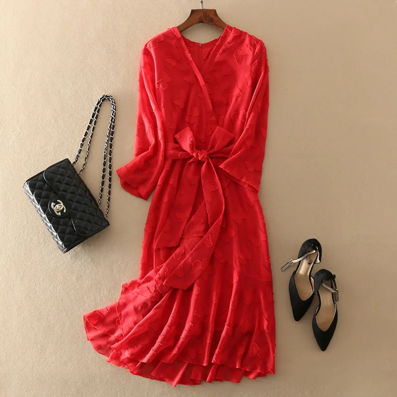 

Spring Summer Red Chiffon Banfage Dress Women V Neck 3/4 Sleeve Ruffles Dress Elegant Vintage Sexy Club Evening Party Dresses