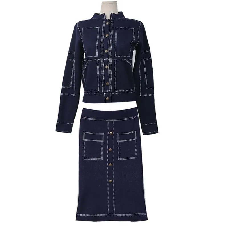 Foamlina Sexy Women Two Pieces Sets 2018 Autumn Knitted Suits Geometric Pattern Long Sleeve Cardigan + Pencil Skirt Sets Women
