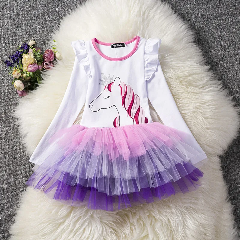 Платье с длинными рукавами и рисунком единорога; хлопковое кружевное фатиновое нарядное платье принцессы для девочек; детская элегантная одежда с юбкой-пачкой для дня рождения; От 3 до 8 лет; BW054