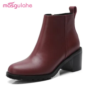 

Masgulahe genuine leather boots simple solid round toe high thick heels ankle boots side zipper autumn winter boots womens shoes
