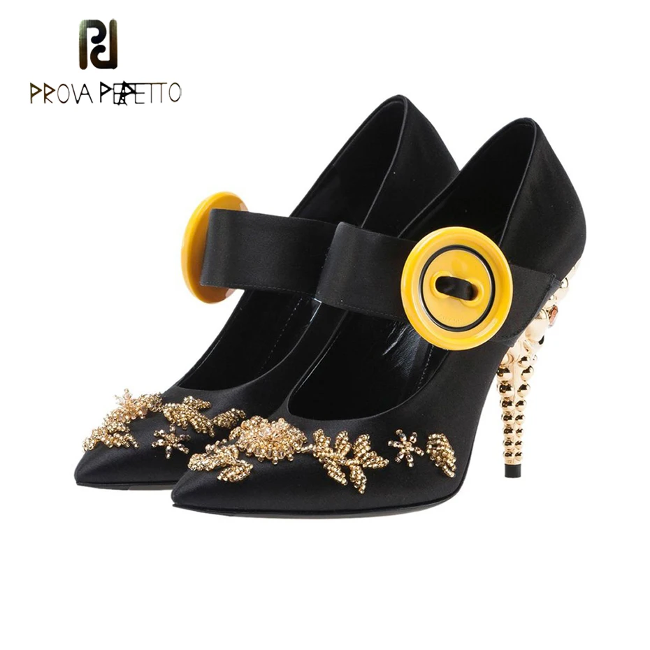 

Prova Perfetto Luxury Silk Shallow Women Pumps Spring Autumn New Fashion Mixed Color Button Strange High Heel Party Wedding Shoe