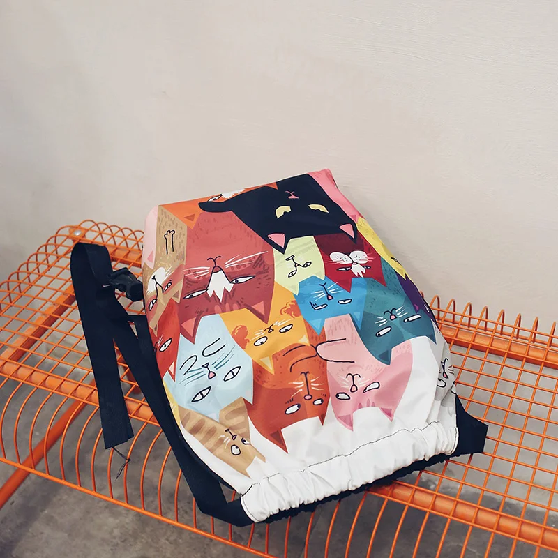 Menghuo Designer 6 Patterns Cat Printing Women Classic Mochila Drawstring Bags Travel backpack School Bag Leisure Bagpack Brand (29)