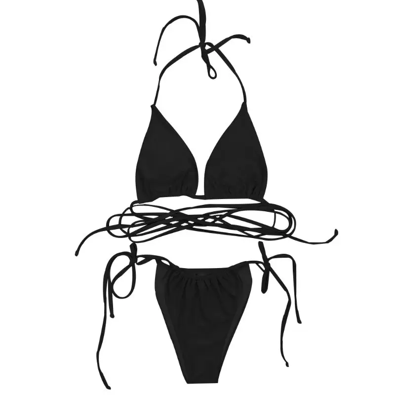 Женский сексуальный комплект мини-бикини из двух частей с v-образным вырезом и рюшами, треугольный бюстгальтер с низкой талией, с завязками по бокам и Т-образной спинкой, одноцветные стринги на бретелях - Цвет: Черный