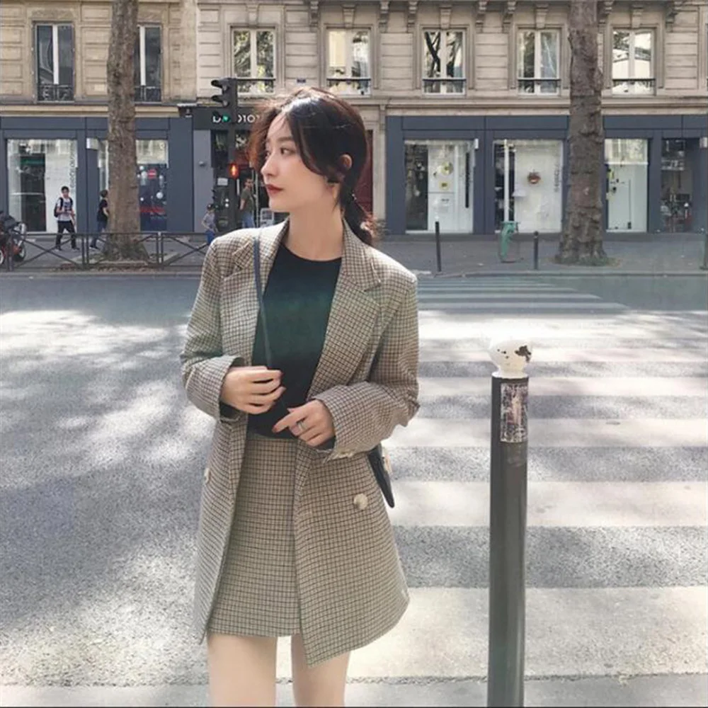 Double Breasted Ladies Plaid Blazer 2019 Office Vintage Long Sleeve Loose Houndstooth Suit Coat Jacket Female Women blazers