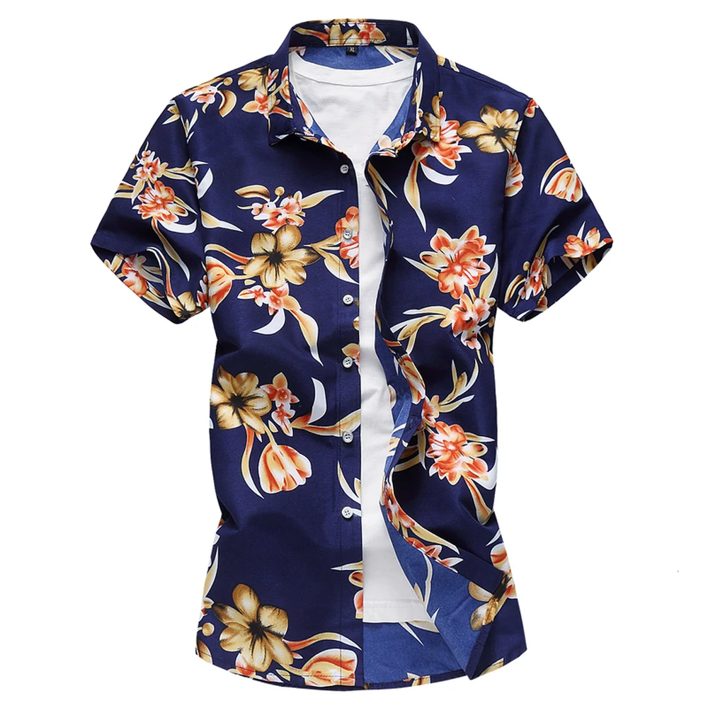

Men Clothes 2018 Summer Short Sleeve Casual Shirts Male Slim Fit Hawaiian flower Print Shirt Male Tops Plus Size M-7XL