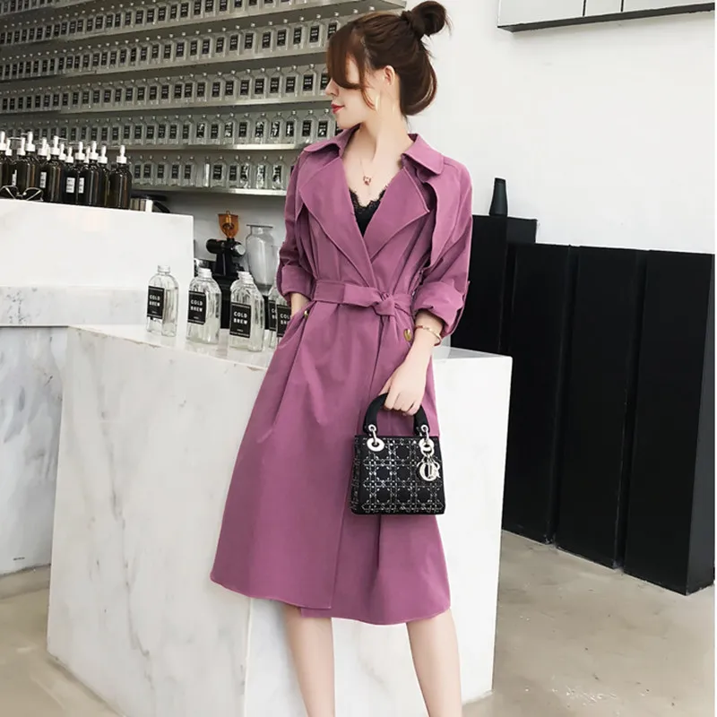 

2019 Fashion Long Trench Coat Women Casual Loose Temperament Windbreaker Ladies Sashes Solid Thin Large Lapel Overcoat Black
