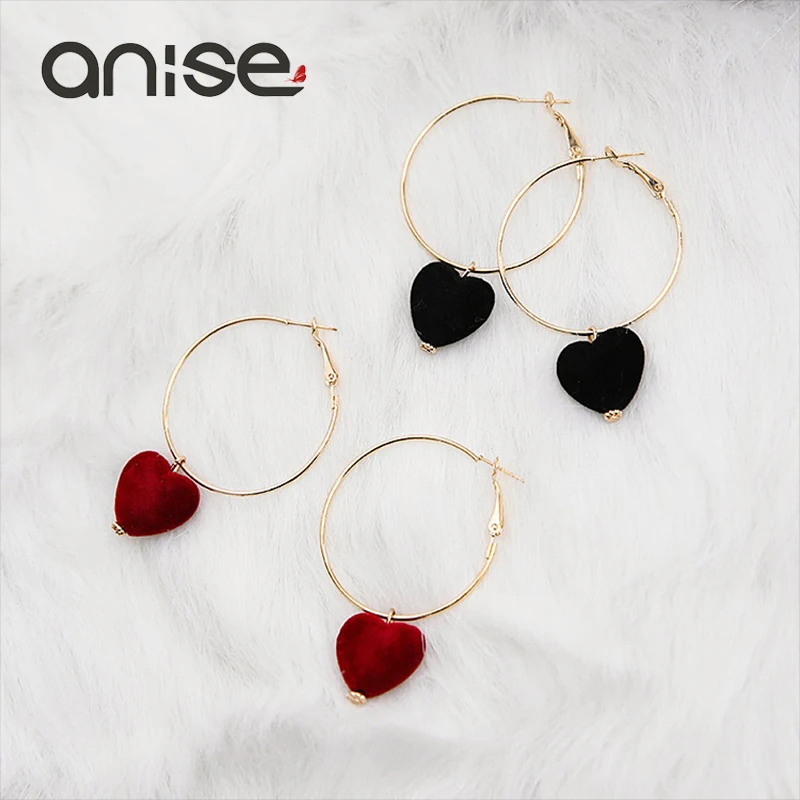 

Anise Hot Sale Big Hoop Earring Velvet Red Heart Pendant Earring Simple Metal Circle Earrings For Women Jewelry boucle d'oreille
