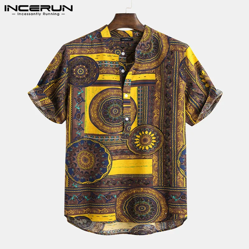 Men Shirt Ethnic Style Print Short Sleeve Stand Collar Camisa Masculina Casual Tops Streetwear Men Hawaiian Shirts INCERUN