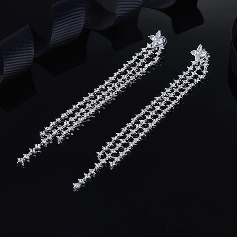 

Starry Fringed Long Earrings S925 Sterling Silver Inlaid Zircon Jewelry Fit APM Moroccan Jewelry with Women's Party Gift Jewelry
