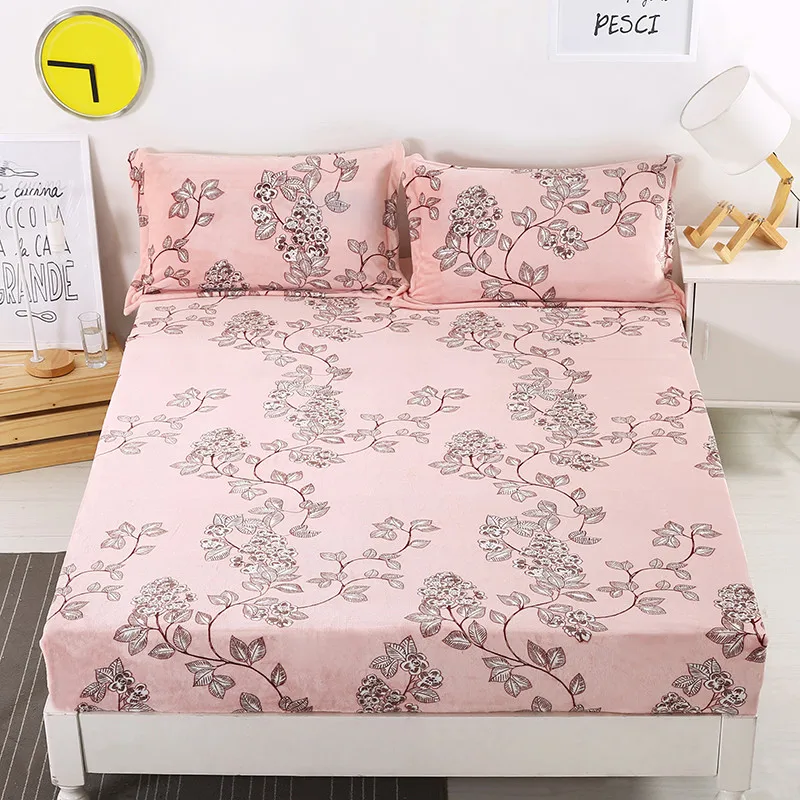 

1Pc Home Textile Of Bedding Fitted Sheet Fitted Sheet Fashion Pink And Brown Printed Design Of Warm Fleece Fabric In Winter Soft