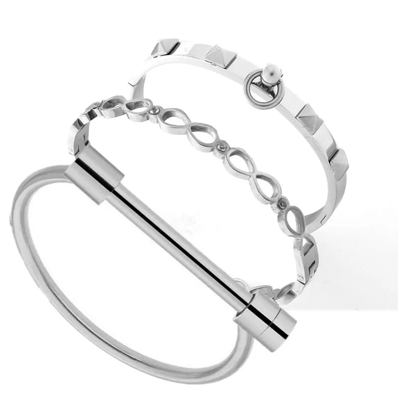 Mavis Hare панк стиль заклепки& Кристалл Бесконечность& D подковообразный браслет набор нержавеющая сталь манжета Открытый браслет для запястья для женщин подарок - Окраска металла: silver set
