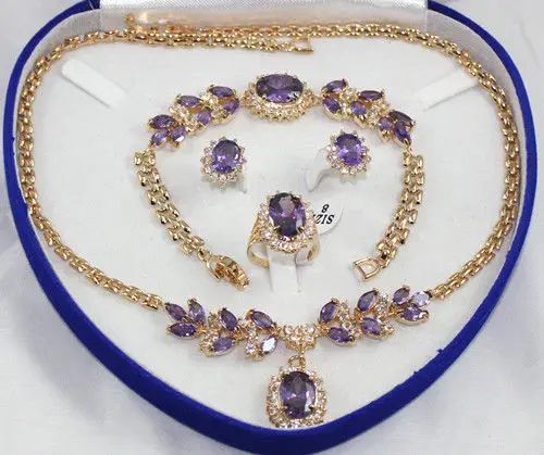 

ES0567 shipping 18K Gold Plated Inlay Purple Crystal Necklace Bracelet Ring Earring set AAA 01
