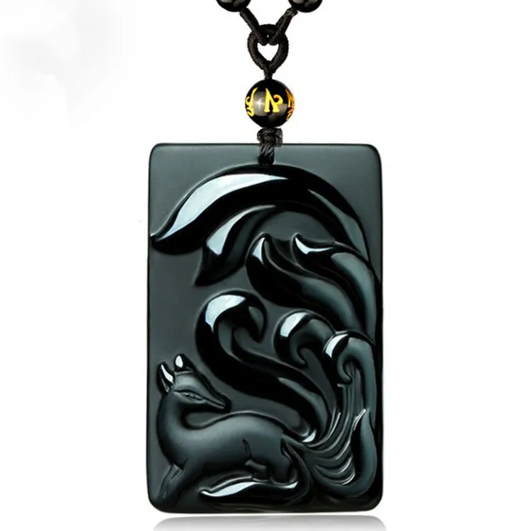 

49x36mm 100% Natural Black Obsidian Carved Nine-Tailed Fox Lucky Pendant + Free Necklace Fine Crystal for woman man's Jewelry
