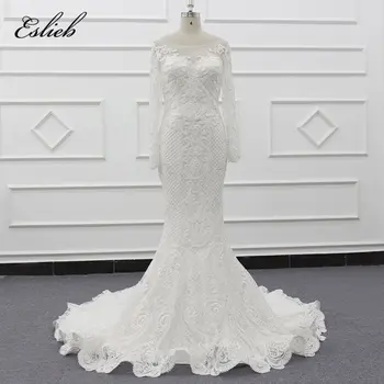 شراءبراقة يزين مصلى قطار حورية البحر 2019 الأزياء الوهم الرقبة كم طويل فستان الزفاف Vestido دي Noiva فستان الزفاف