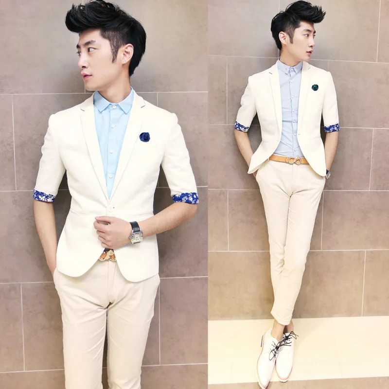 Thin suit summer male three quarter sleeve blazer roll up hem fashion half sleeve short sleeve
