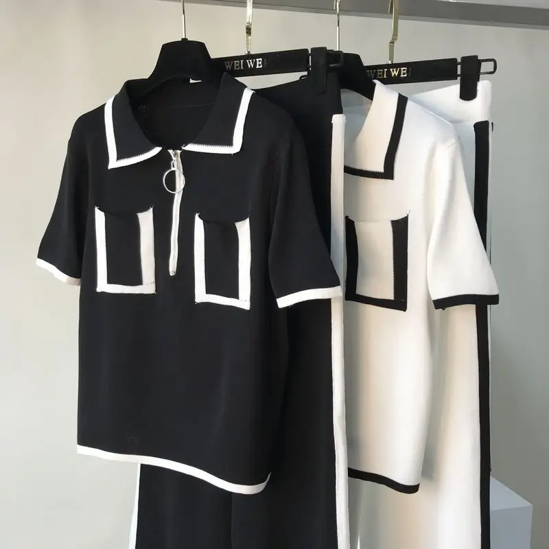 

Amolapha Women Knit Pockets Tops Loose Pants Sets Turn-down Collar Tops Wide Leg Trousers Suits for Woman