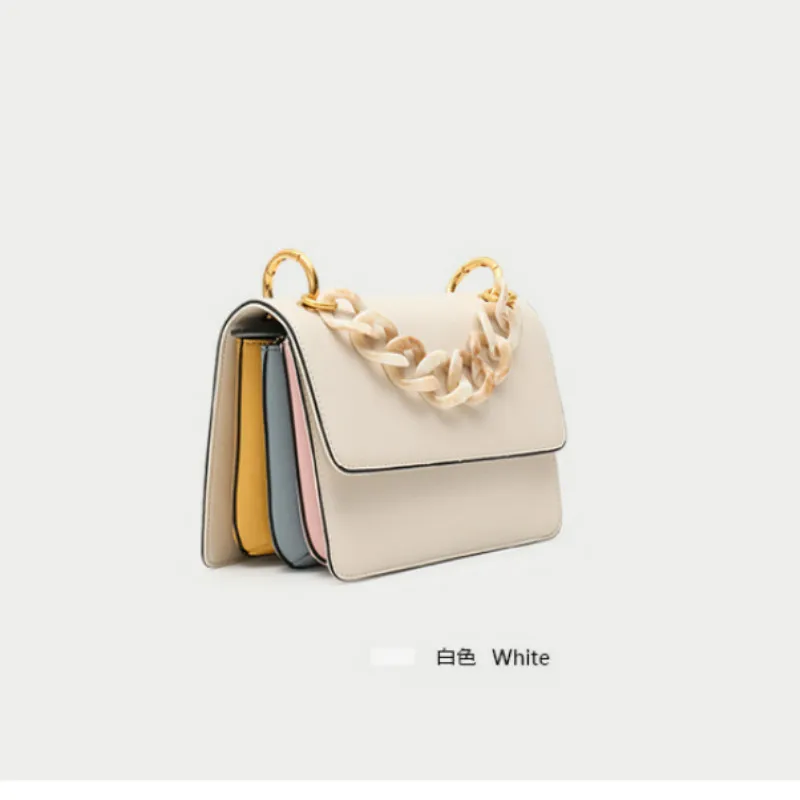 

Genuine Leather Lady Bag Acrylic Chain Matching Colour Organ Square Bag Handbag Fashionable Inclined Bag Genuine Leather Bag