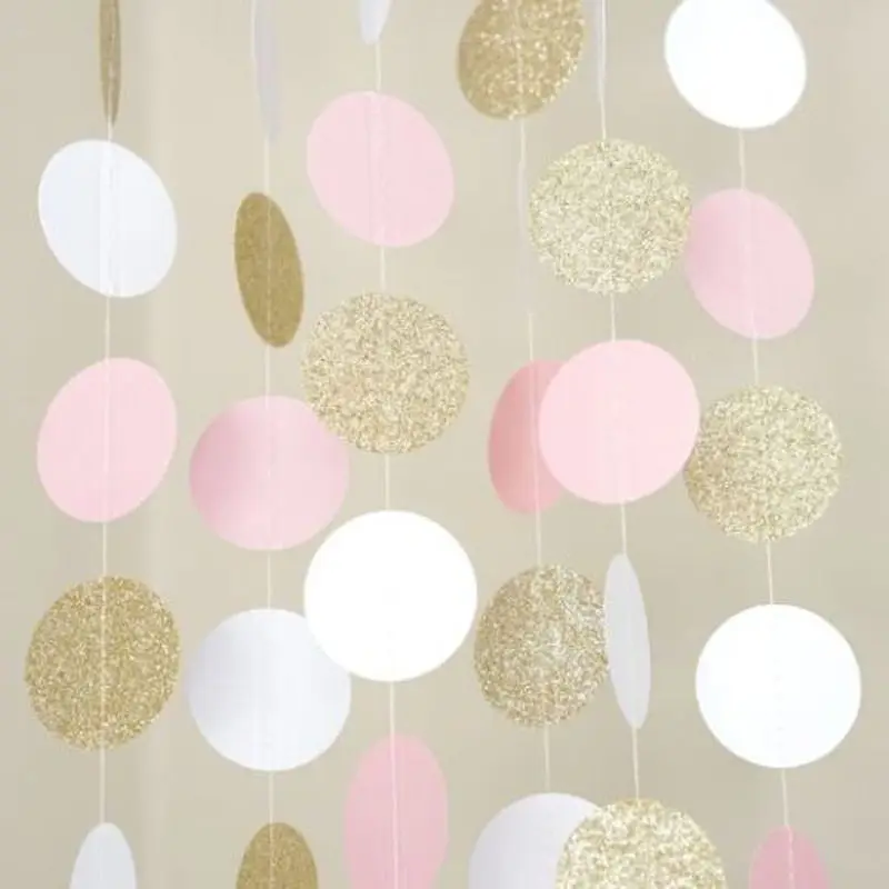 

Party Banners Streamers Confetti Pink White and Gold Glitter Circle Polka Dots Paper Garland Banner 10 FT Banner decor confetti