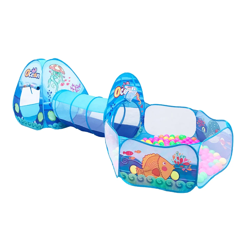 Kids 3-in-1 Blue Sea Themed Playhouse Tunnel Ball Pool Play Tent Toy for Park Garden Home Picnic Outdoor Toy