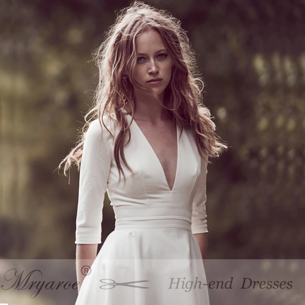 Mryarce Simple Elegant Short Wedding Dress Plunging V Neck Crepe Tea Length Dresses With Pockets Manivet Bridal Gowns (4)