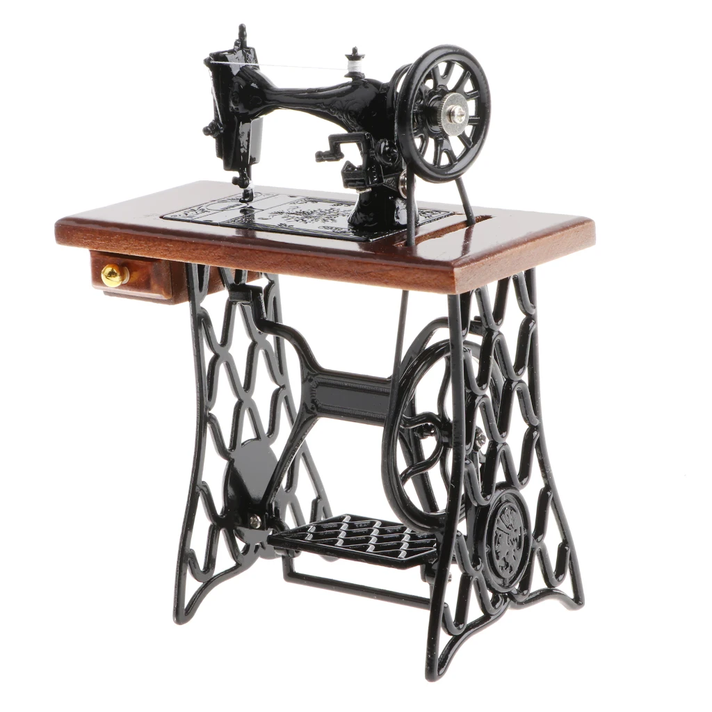 

1/10 Mini Vintage Desktop Sewing Machine Mechanism Diecast Vehicle Model Playset Toy Ornament Brown