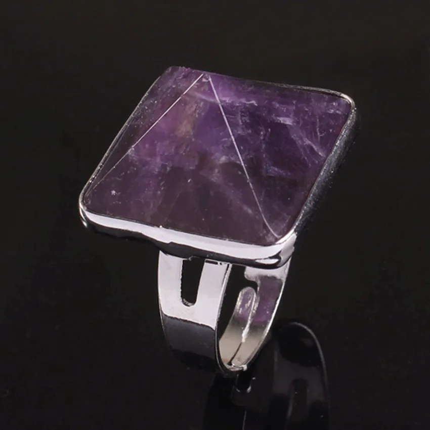 

Wholesale 10Pcs Charm Silver Plated amethyst pyramid Beads precious stone Adjustable Finger Ring Jewelry