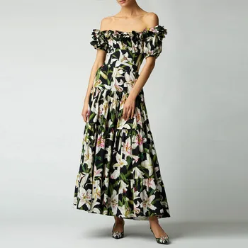 

HIGH QUALITY New Fashion 2019 Designer Runway Dress Women's Off shoulder Floral Printed Ruffle Long Dress