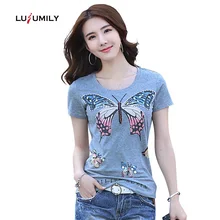 Lusumily, летние женские футболки,, повседневные, хлопковые, с рисунками, топы с бабочками, yello, белые, размера плюс, женские футболки, 3xl, со стразами