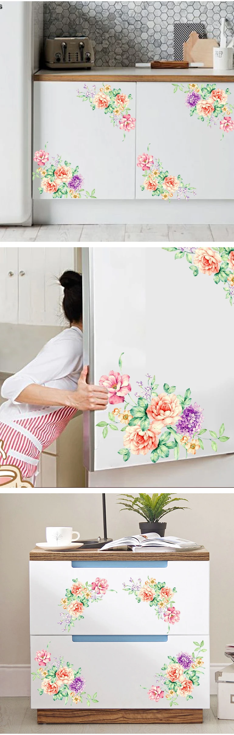 Наклейки на стену с цветами пионов, художественные обои для домашнего декора, съемные виниловые наклейки на стены для детей, декор для туалета, холодильника