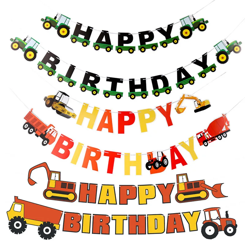 Construction Party Vehicle Tractor Theme Happy Birthday Banner Excavator Truck Latex Balloon Kids Cars Birthday Party Decoration