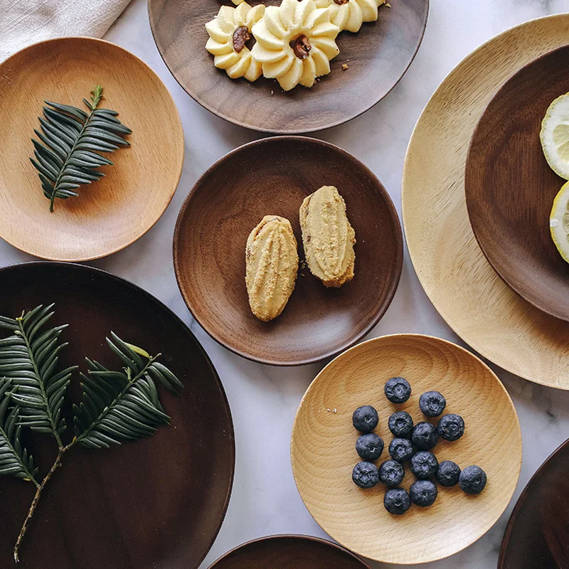 Natural Wood Plates Round Plate Dishes Large Small Wooden Trays Fruit Dessert Snack Sushi Serving Plates Kitchen Wooden Utensils (1)