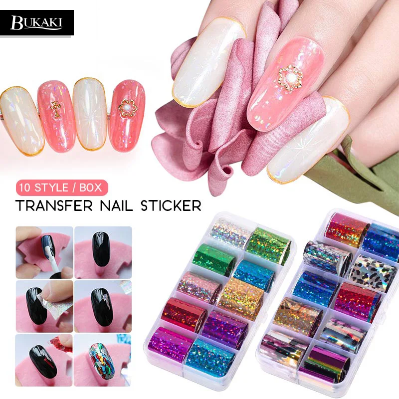 

BUKAKI 10pcs Glitter Holographic Shell Nail Foil Design 2.5*100cm Nail Transfer Foil Sticker Manicure Nail Art Decorations