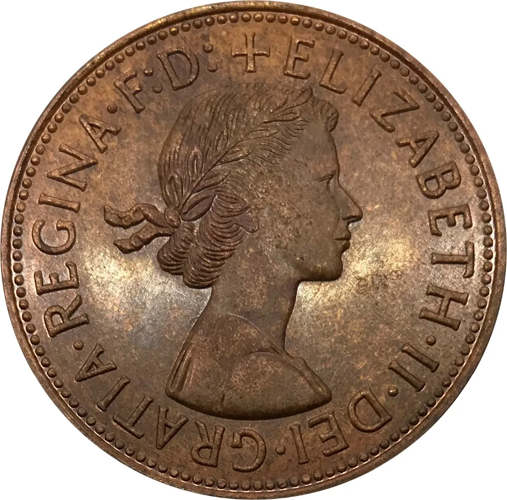 

Great Britain 1954 One Penny Elizabeth II 99% Red Copper Copy Coins Smooth Edge