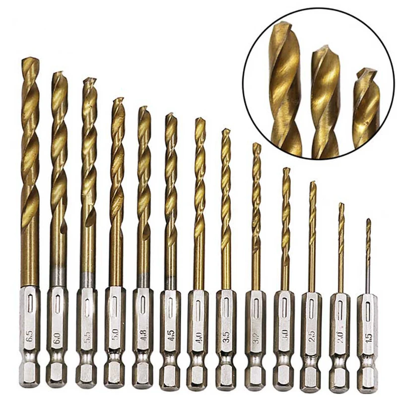 

Jewii HSS High Speed Steel Drill Bit 13pcslot Titanium Coated 6.35mm 14'' Hex Shank 1.5-6.5mm Power Tools Twist Drill Bits