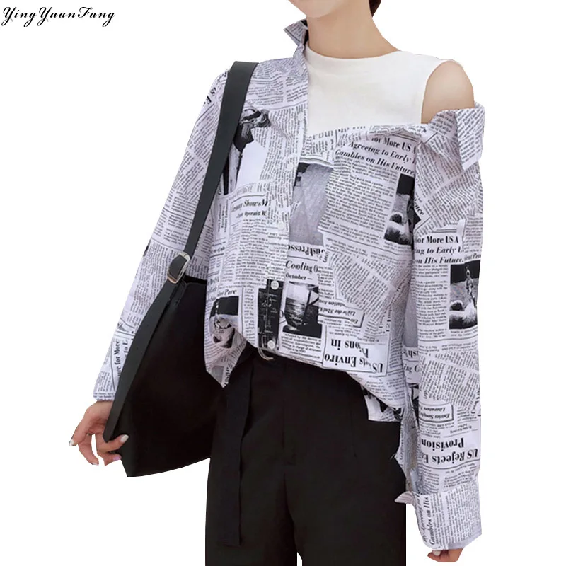 

YingYuanFang Fashion new English newspaper loose strapless stitching fake two long-sleeved shirt