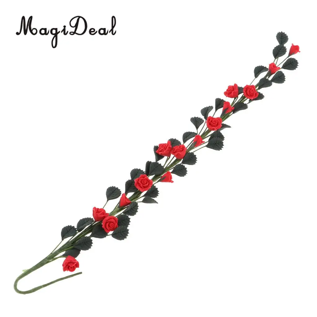 1/12 Scale Handmade Clay Boston Ivy Leaves String Rose Bouquet Dollhouse Indoor Outdoor Furniture Decor Kids Pretend Play Red