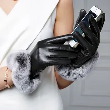 

New RABBIT Fur Mittens Winter PU Leather Gloves Mittens Sport Tactical Glove Lady Elegant Guantes Women Female Gloves
